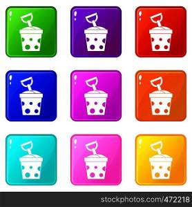 Toy bucket and shovel icons of 9 color set isolated vector illustration. Toy bucket and shovel icons 9 set
