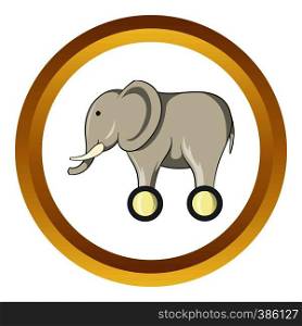 Toy elephant on wheels vector icon in golden circle, cartoon style isolated on white background. Toy elephant on wheels vector icon