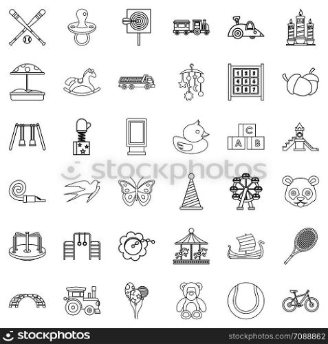 Toy for child icons set. Outline style of 36 toy for child vector icons for web isolated on white background. Toy for child icons set, outline style