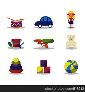 Toy for concept design. Baby illustration. Lifestyle. Set of Drum, Car, Doll, Pistol, Plush Bear, Pyramid, Ball
