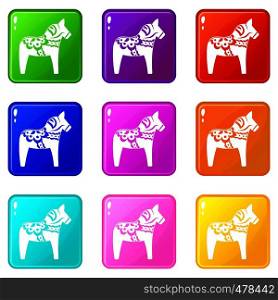 Toy horse icons of 9 color set isolated vector illustration. Toy horse set 9