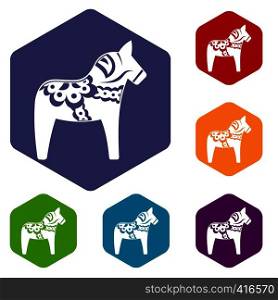 Toy horse icons set rhombus in different colors isolated on white background. Toy horse icons set