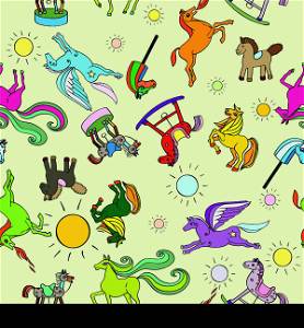 Toy horses seamless pattern, hand drawn doodle illustrations of a series of happy baby animals over a green background