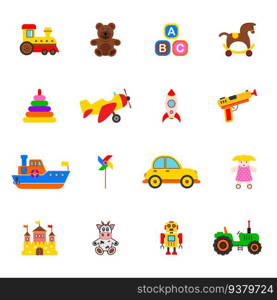 Toy icon set. Colored toy collection. Flat vector illustration.