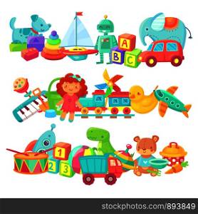 Toy piles. Kids toys groups. Cartoon baby doll and train, rocket ball elephant plastic drum and cars, boat for kid game gift box cute colorful isolated children vector set. Toy piles. Kids toys groups. Cartoon baby doll and train, ball and cars, boat isolated children vector set