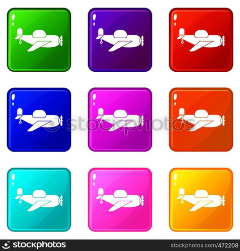 Toy plane icons of 9 color set isolated vector illustration. Toy plane icons 9 set