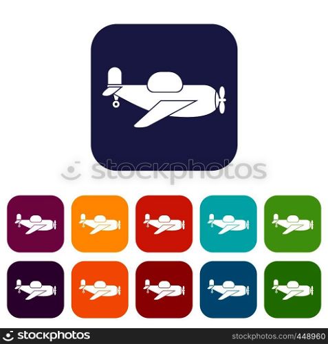 Toy plane icons set vector illustration in flat style In colors red, blue, green and other. Toy plane icons set flat