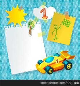 Toy racing car child postcard template with paper stickers vector illustration