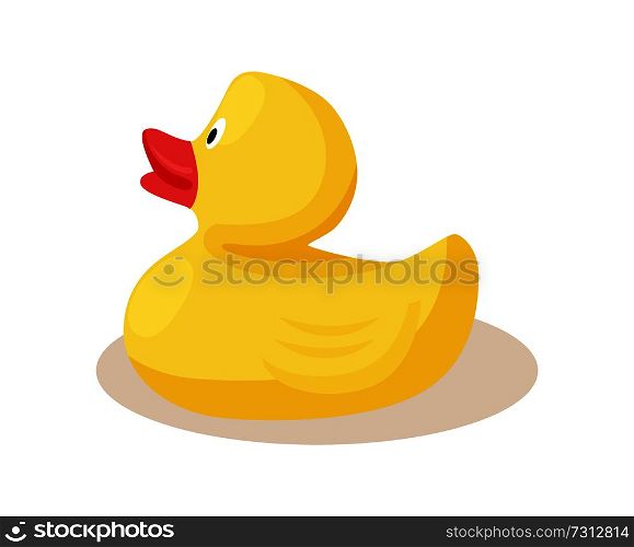 Toy rubber yellow duck with red beak vector illustration icon isolated on white background. Bird for kids play in bath, swimming animal in flat design. Toy Rubber Yellow Duck with Red Beak Vector Icon
