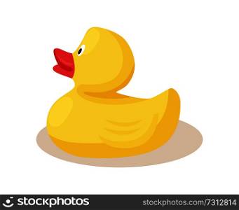 Toy rubber yellow duck with red beak vector illustration icon isolated on white background. Bird for kids play in bath, swimming animal in flat design. Toy Rubber Yellow Duck with Red Beak Vector Icon