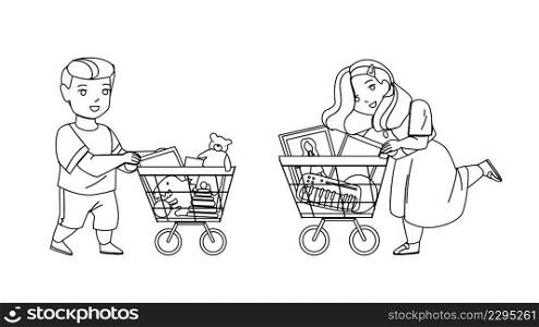 Toy Shop Children Clients Making Purchase Black Line Pencil Drawing Vector. Boy And Girl Kids Buying Doll And Game In Toy Shop. Characters Customers With Market Cart Shopping In Store Illustration. Toy Shop Children Clients Making Purchase Vector