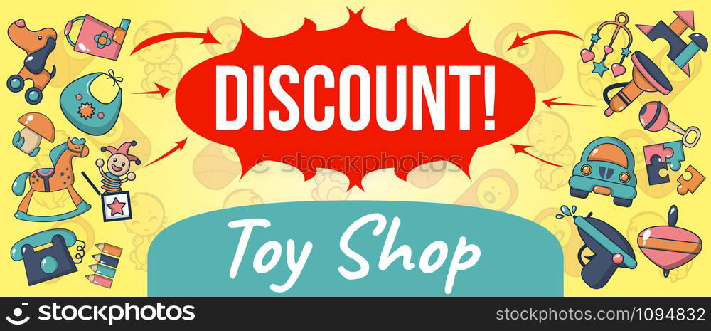 Toy shop discount concept banner. Cartoon banner of toy shop discount vector concept for web, giftcard and postcard. Toy shop discount concept banner, cartoon style