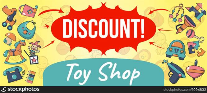 Toy shop discount concept banner. Cartoon banner of toy shop discount vector concept for web, giftcard and postcard. Toy shop discount concept banner, cartoon style