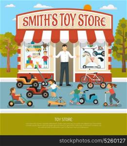 Toy Shop Flat Background. Kids store products children toy shop composition with boutique building seller and infants with bicycles playcars vector illustration