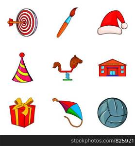 Toy store icons set. Cartoon set of 9 toy store vector icons for web isolated on white background. Toy store icons set, cartoon style