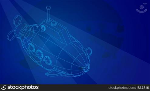 toy submarine in wireframe low poly mesh on blue underwater background. Children toys and entertainment. Underwater research. 3d vector