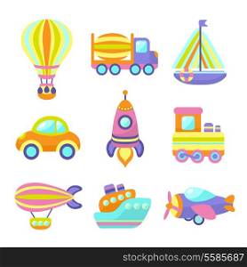 Toy transport cartoon icons set with train car plane isolated vector illustration