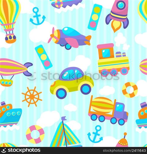Toy transport cartoon seamless pattern with vehicles and clouds stripes on background vector illustration
