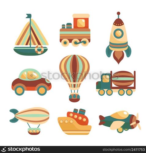 Toy transport colored cartoon icons set with yacht train space rocket isolated vector illustration