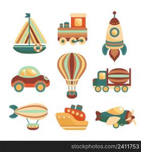 Toy transport colored cartoon icons set with yacht train space rocket isolated vector illustration