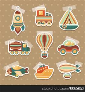 Toy transport colored cartoon stickers set with truck aerostat car isolated vector illustration