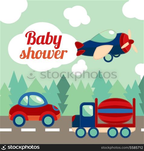 Toy transport on the road with forest on background baby shower invitation card vector illustration.
