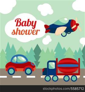Toy transport on the road with forest on background baby shower invitation card vector illustration.