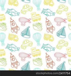 Toy transport outline seamless pattern with car airplane space rocket boat vector illustration