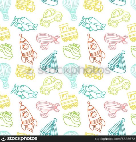 Toy transport outline seamless pattern with car airplane space rocket boat vector illustration