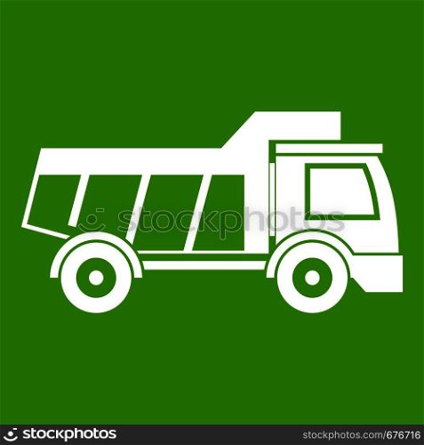 Toy truck icon white isolated on green background. Vector illustration. Toy truck icon green