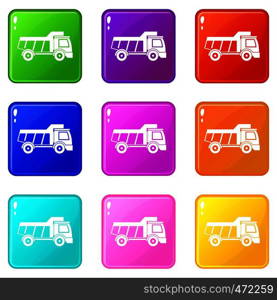 Toy truck icons of 9 color set isolated vector illustration. Toy truck icons 9 set