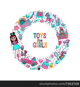 Toys and accessories for girls. A large set of clipart arranged in a circle. Pink toys, carriage, fairy-tale castle for a little Princess. Vector illustration. Isolated on a white background.