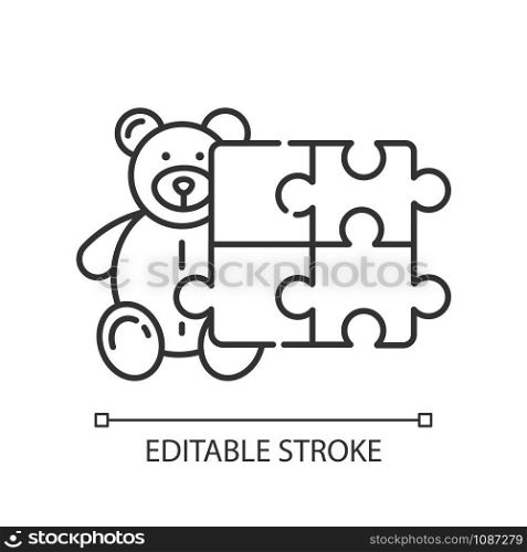 Toys and hobbies linear icon. Kid products. Teddy bear and puzzle. E commerce department, shopping categories. Thin line illustration. Contour symbol. Vector isolated outline drawing. Editable stroke