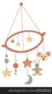 Toys and playthings hanging on rounded frame on threads. Isolated crib accessory, stars and moon, bear and rabbit character. Entertainment and leisure fun for newborn babies. Vector in flat style. Children toys hanging on threads, crib plaything