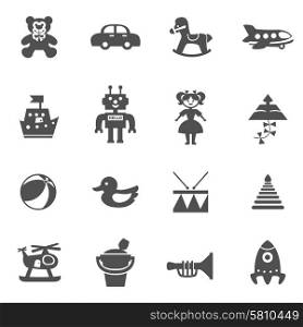 Toys black flat icons set with rocket plane airplane isolated vector illustration. Toys Icons Set