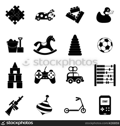 Toys black simple icons set isolated on white background. Toys black simple icons set