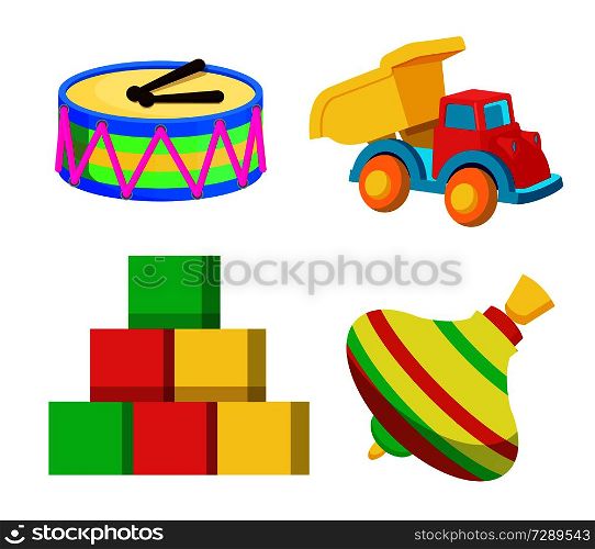Toys collection created at Santa Claus factory, cubes and whirlabout of different colors, van and drums for children to play with vector illustration. Toys Collection Claus Factory Vector Illustration