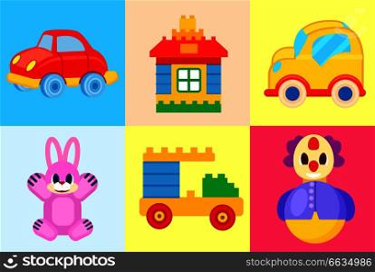 Toys collection isolated on colorful backgrounds. Vector poster of red and yellow cars, pink hare, tumbler plaything and house with truck. Toys Collection Isolated on Colorful Backgrounds
