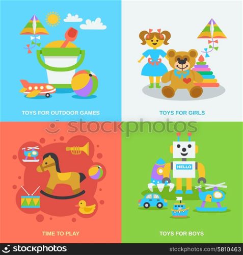 Toys design concept set with boys and girls games flat icons isolated vector illustration. Flat Toys Set