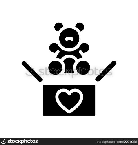 Toys donation black glyph icon. Children charity. Providing unwanted stuffed animals. Helping less fortunate kids. Silhouette symbol on white space. Solid pictogram. Vector isolated illustration. Toys donation black glyph icon