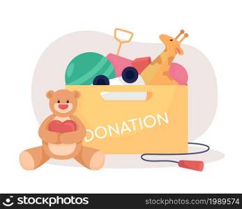 Toys donation box 2D vector isolated illustration. Support orphanage by giving away dolls. Humanitarian aid flat composition on cartoon background. Charity contribution colourful scene. Toys donation box 2D vector isolated illustration