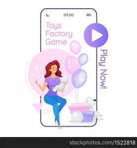Toys factory game cartoon smartphone vector app screen. Woman making handicraft plush toy animal. Mobile phone displays with flat character design mockup. Application telephone cute interface