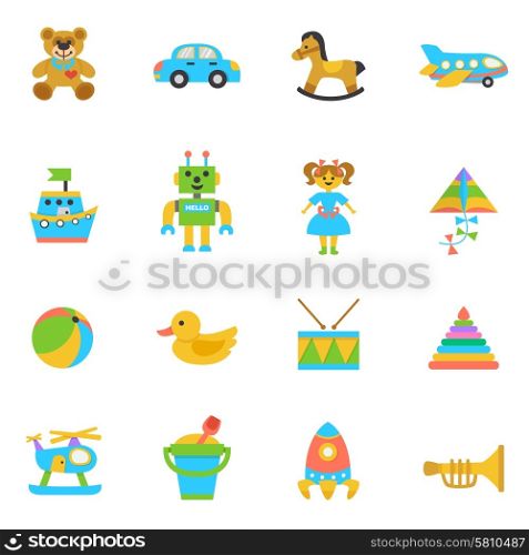 Toys flat icon set with rocking horse kite football ball isolated vector illustration. Toys Flat Icon