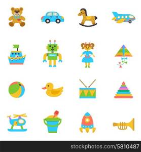 Toys flat icon set with rocking horse kite football ball isolated vector illustration. Toys Flat Icon
