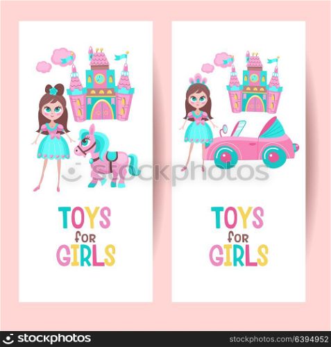Toys for girls. Vector clipart. Beautiful girl doll. Fairy tale castle. Cute pink horse. Pink toy convertible. Isolated on a white background.