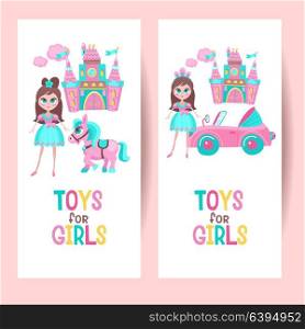 Toys for girls. Vector clipart. Beautiful girl doll. Fairy tale castle. Cute pink horse. Pink toy convertible. Isolated on a white background.
