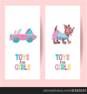 Toys for girls. Vector clipart. Pink toy convertible. Cute little dog in costume. Isolated on a white background.