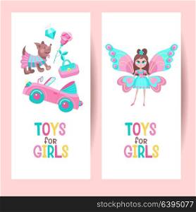 Toys for girls. Vector clipart. Pink toy convertible. Cute little dog in costume. Womens handbag. Beautiful girl elf with butterfly wings. Isolated on a white background.