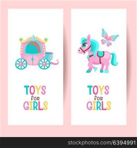 Toys for girls. Vector clipart. The carriage for the Princess. Cute pink horse. Beautiful butterfly. Isolated on a white background.