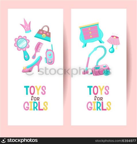 Toys for girls. Vector illustration. Isolated on a white background. Toy furniture, vacuum cleaner, lamp, purse, shoes, mirror, crown, smartphone, comb.
